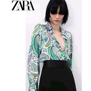 NEWw Tags Zara Paisley Satin Blouse Women XL Multicolor Button Up Long Sleeve